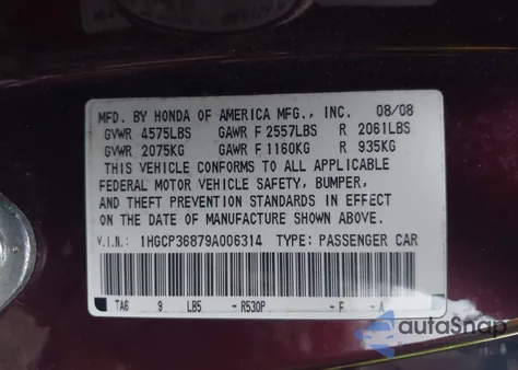 2009 Honda Accord 3.5 Ex-L from USA, damaged, VIN 1HGCP36879A006314